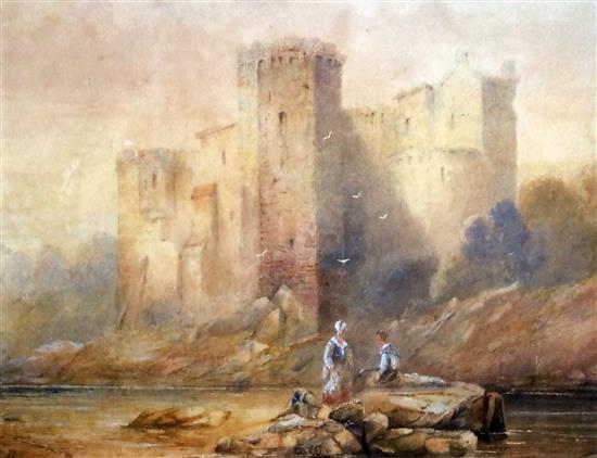 Attributed to Thomas Miles Richardson Jnr (1813-1890), watercolour, Washer woman at a river before a castle,